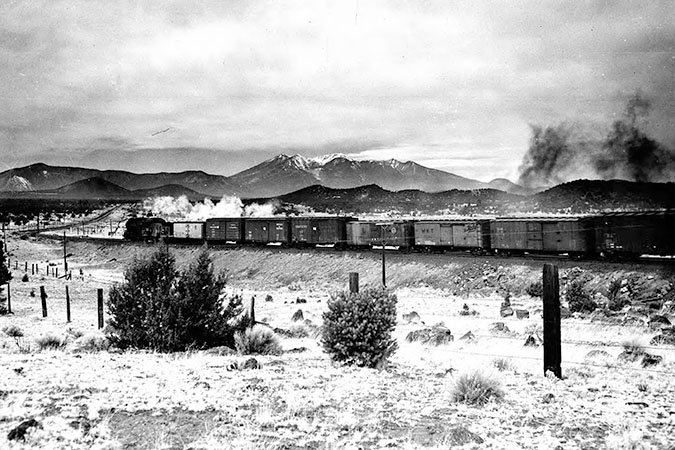 Archival photo of a freight train near Flagstaff 